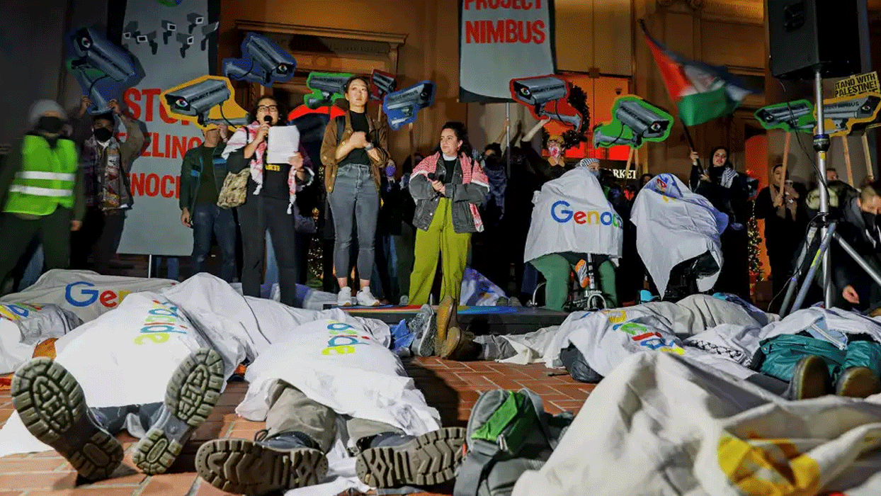Google'ın kapısına gittiler! İsrail destekçisi Nimbus Projesi'ne kefenli protesto