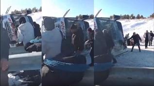 Kars'ta yolcu otobüsü devrildi! Yaralılar var