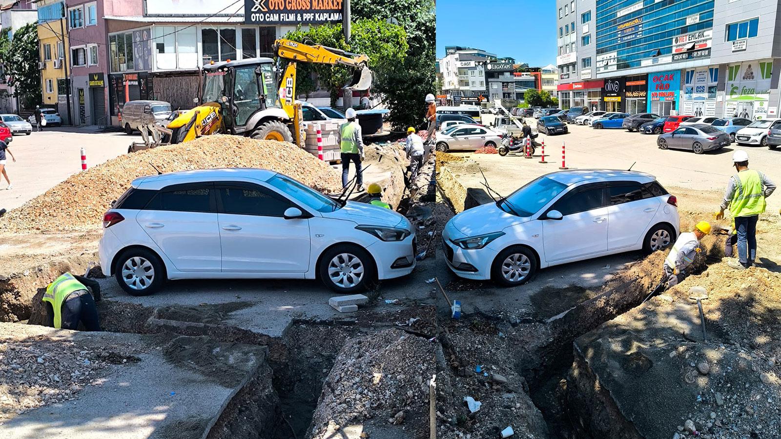 UEDAŞ ekiplerinden ilginç yöntem: Aracı U şeklinde kazarak çalışma tamamlandı