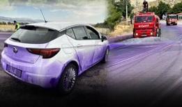 Afyon'da yola “mor” düştü: Tırdan dökülen boya şoförleri şaşkına çevirdi